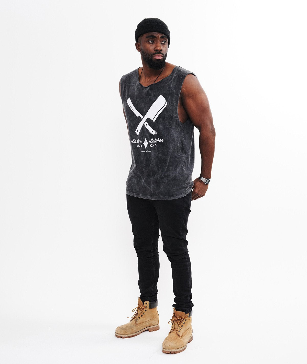 BARBER & BUTCHER cutted grand neck Tank Top by Distorted People