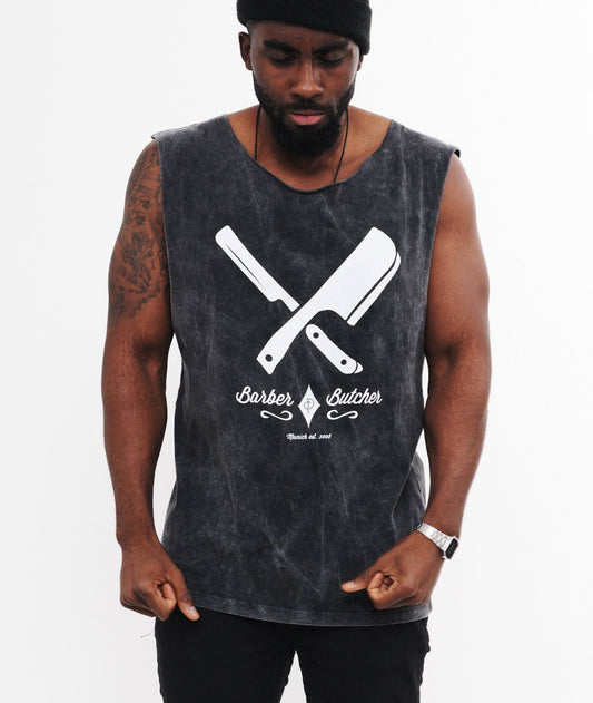 BARBER & BUTCHER cutted grand neck Tank Top by Distorted People