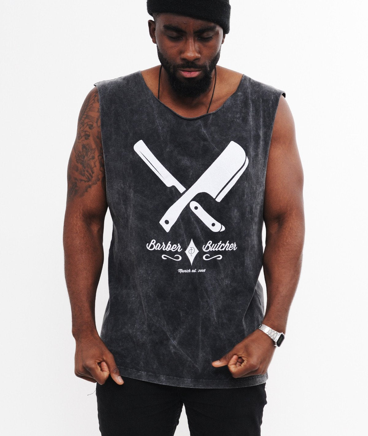 BARBER & BUTCHER cutted grand neck Tank Top by Distorted People