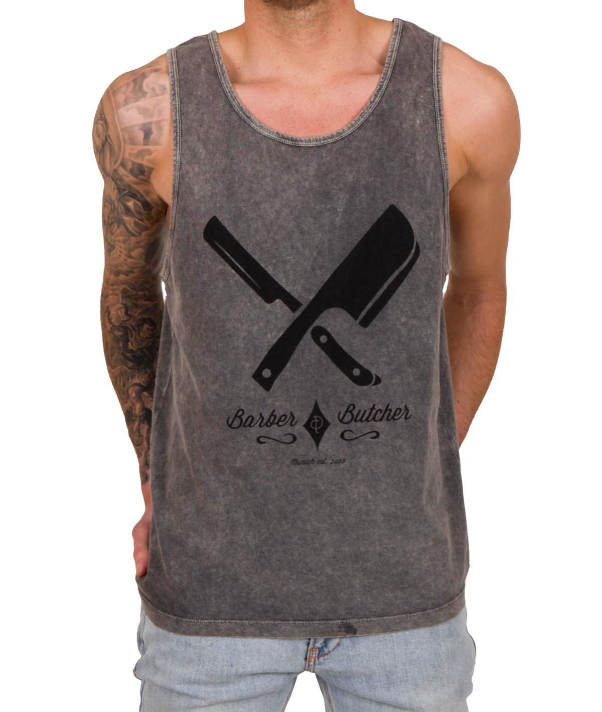 BARBER & BUTCHER grand neck Tank Top by Distorted People