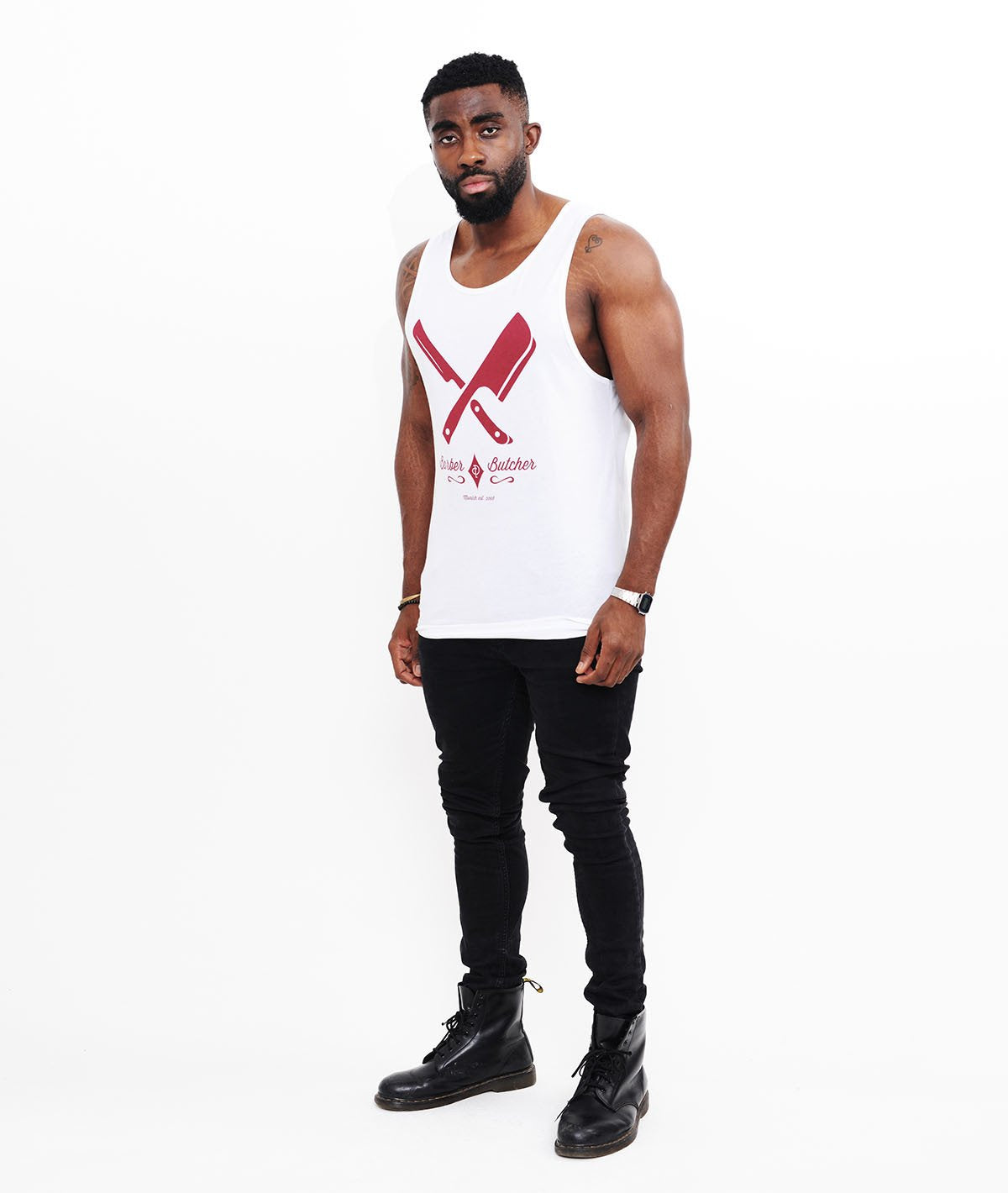 BARBER & BUTCHER grand neck Tank Top by Distorted People