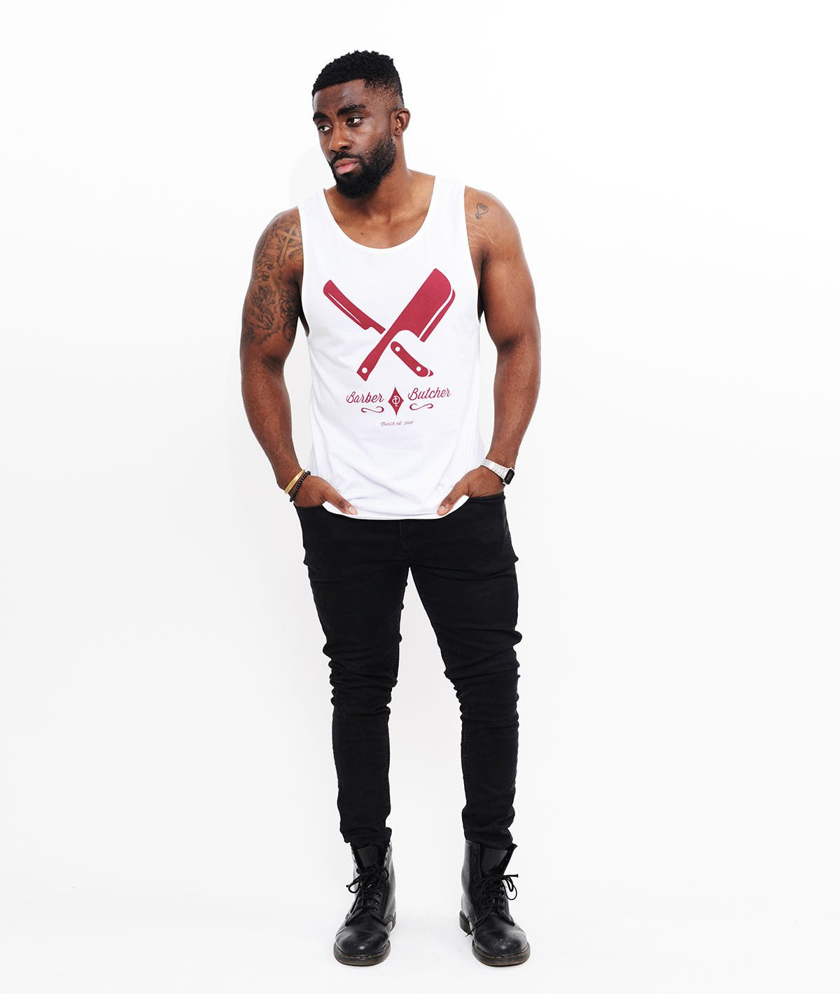 BARBER & BUTCHER grand neck Tank Top by Distorted People