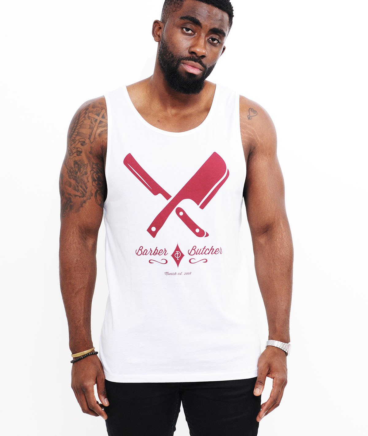 BARBER & BUTCHER grand neck Tank Top by Distorted People